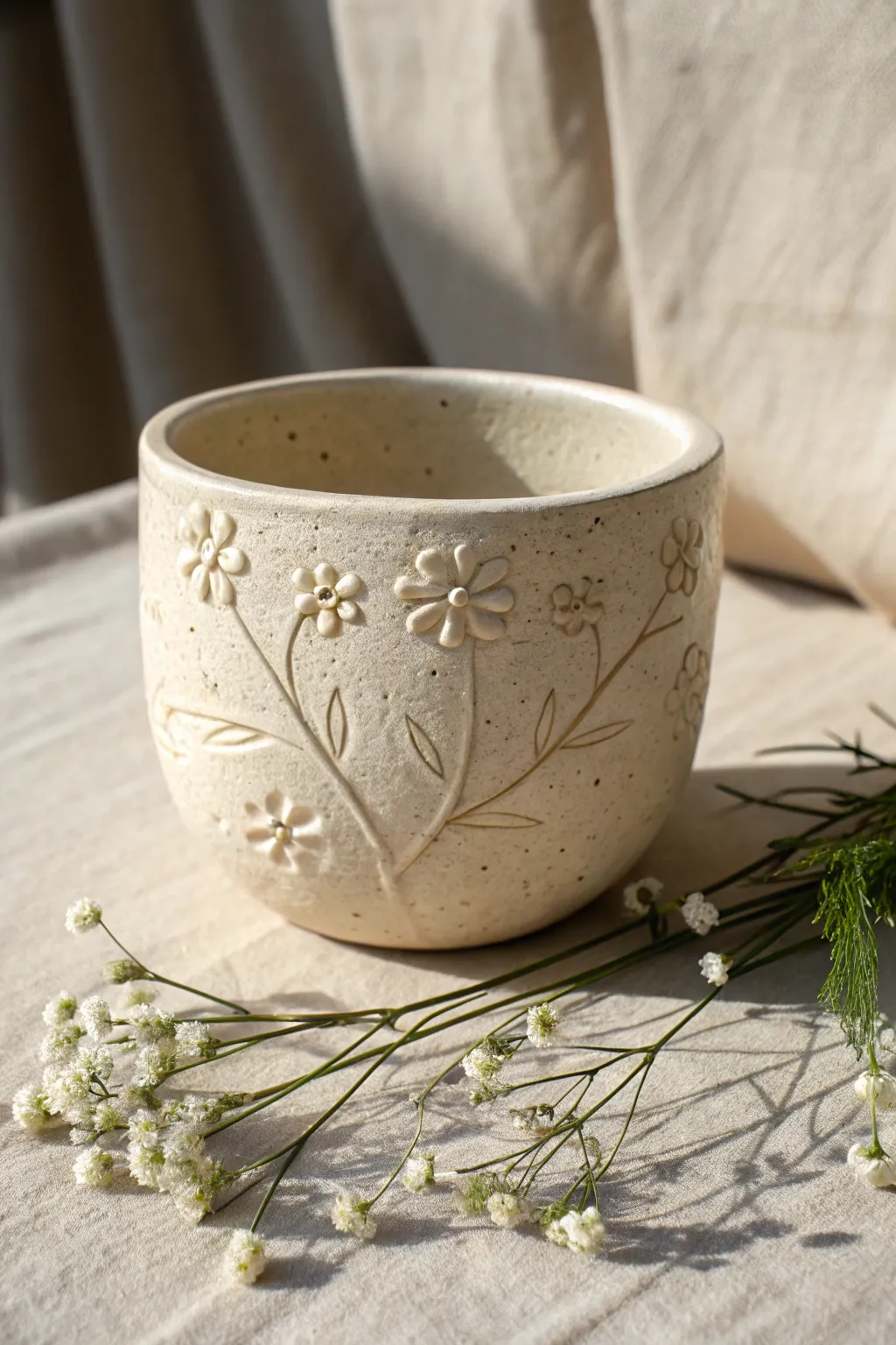 Soft floral relief vines give this rounded clay cup cozy texture in calm Scandinavian neutrals.