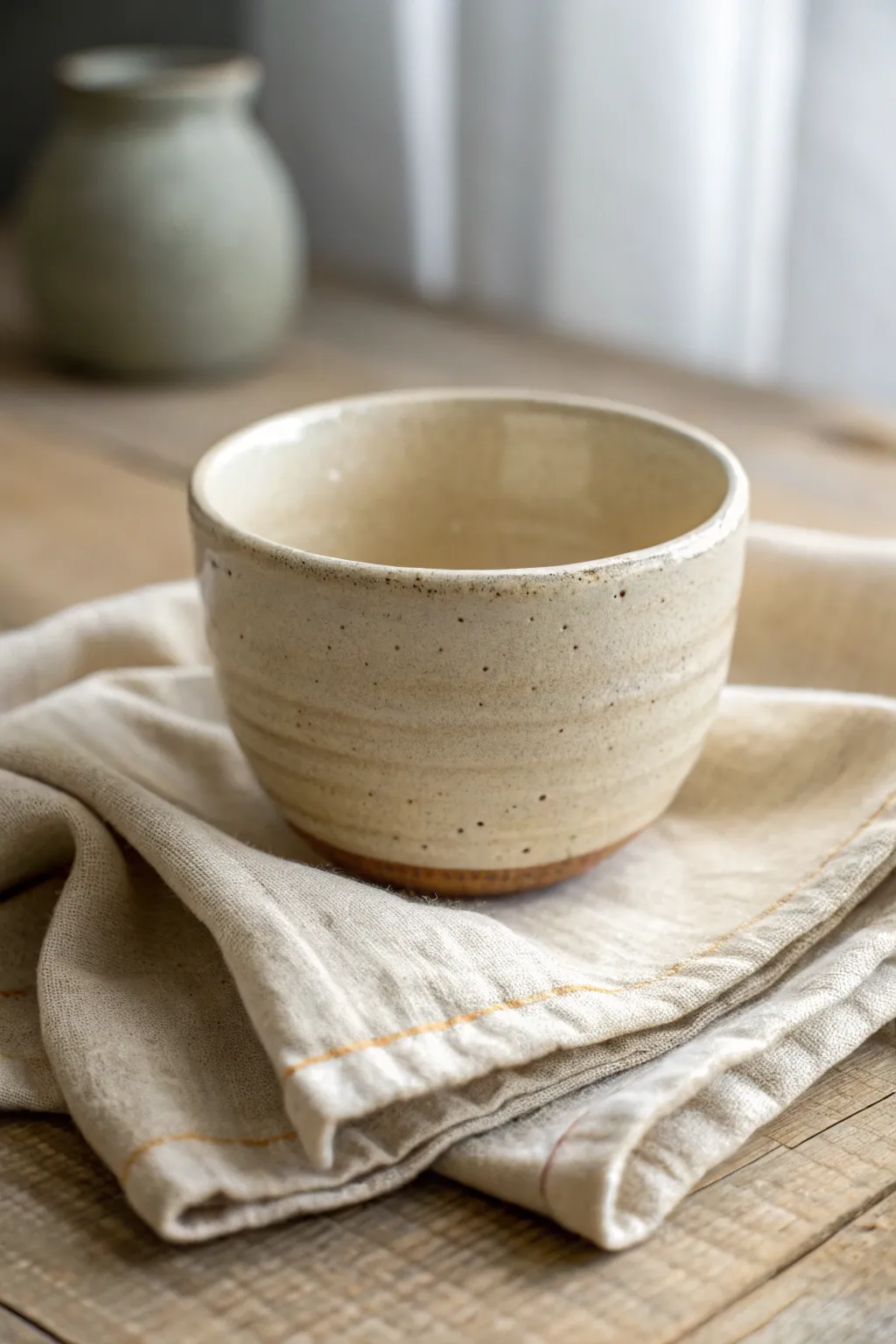 Pinch-pot teacup with soft thumb dimples, flared lip, and calm neutral styling.