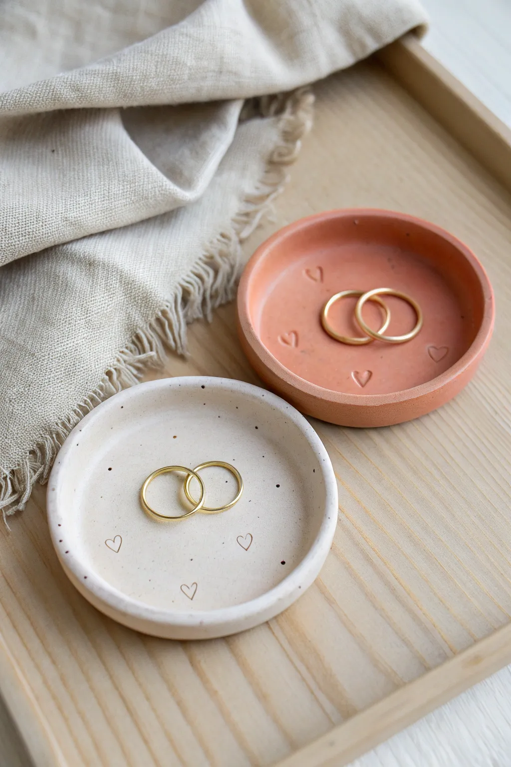 His-and-hers ring dishes in soft clay tones, a sweet couples project with minimalist charm