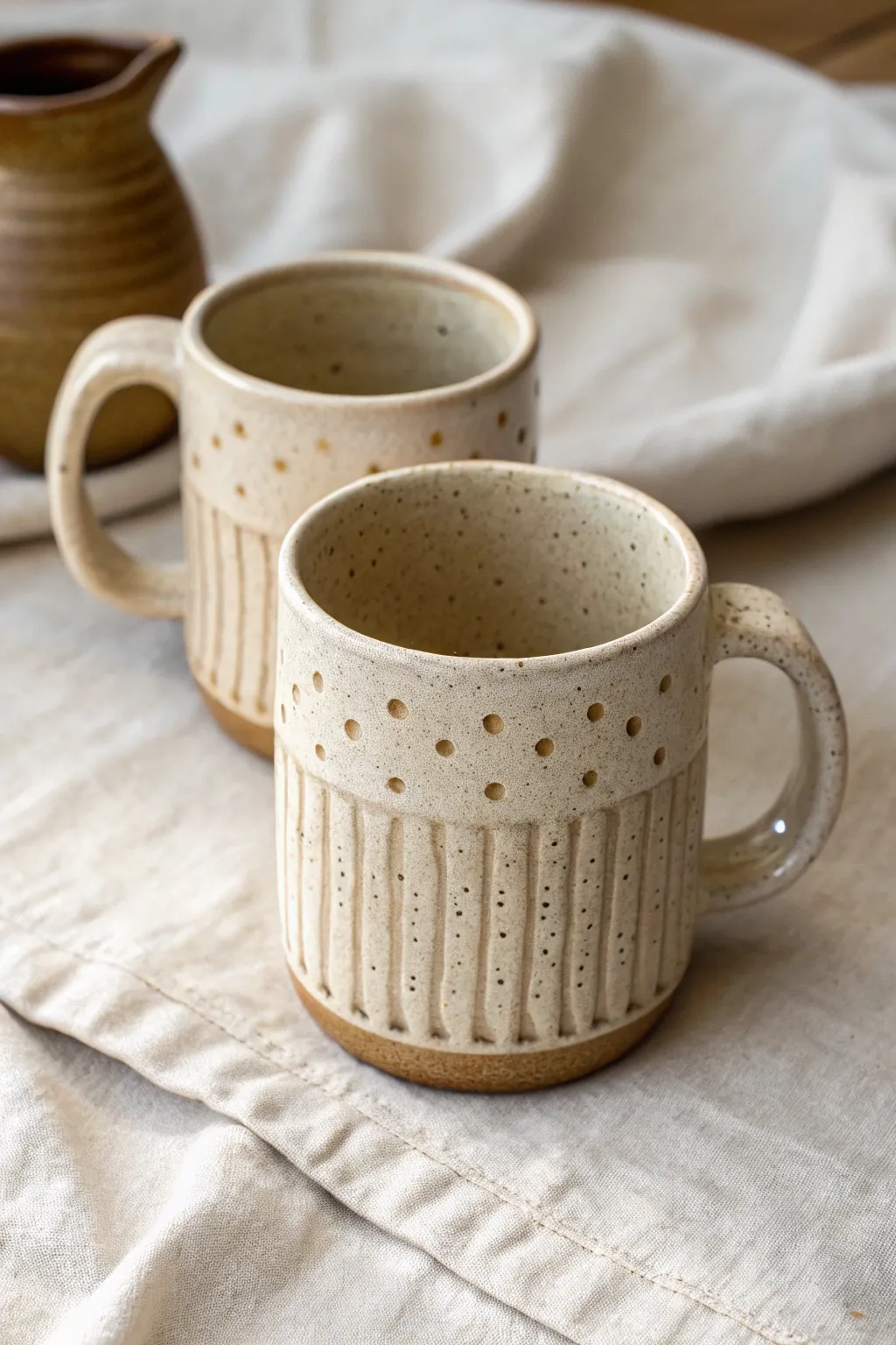 A sweet couple mug set with simple carved texture for an easy, cozy clay date idea.