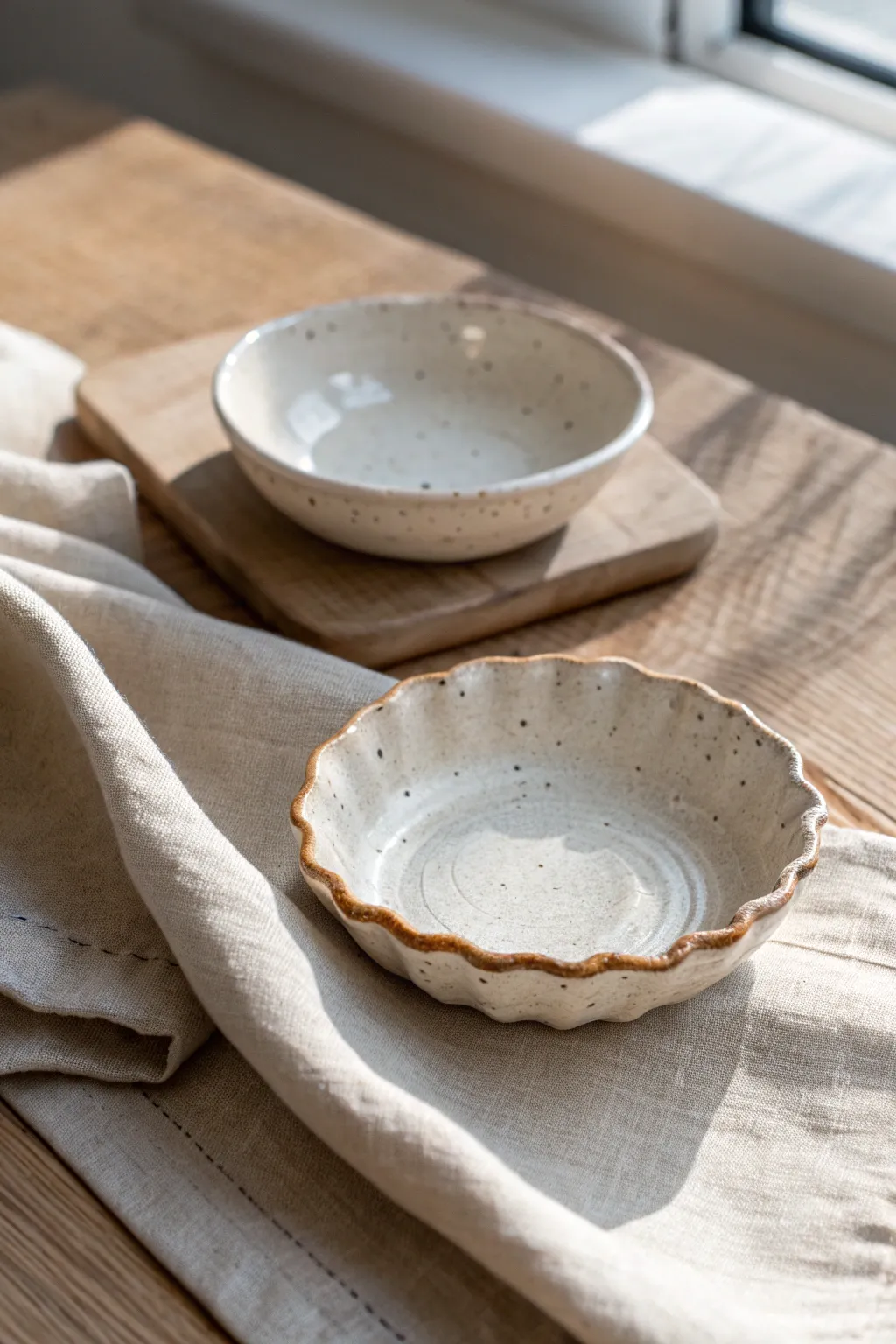 His-and-hers handmade trinket dishes with charming imperfect curves, perfect for a clay date night.