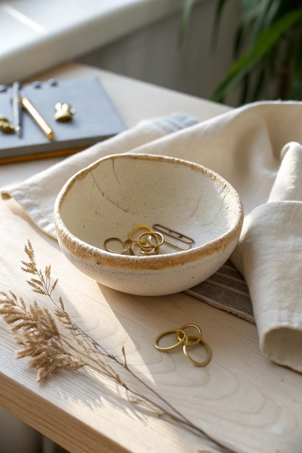 Hand-pinched matte trinket bowl for earrings and paperclips in a calm Scandinavian desk scene.