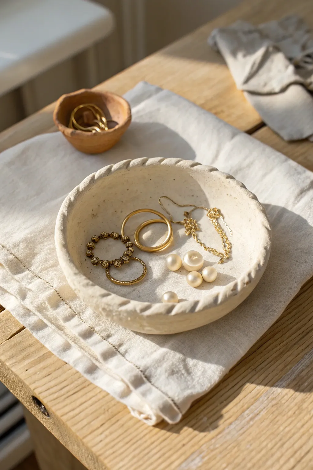 Wavy pinch-pot dish with real-life jewelry for a calm Scandinavian boho catchall moment