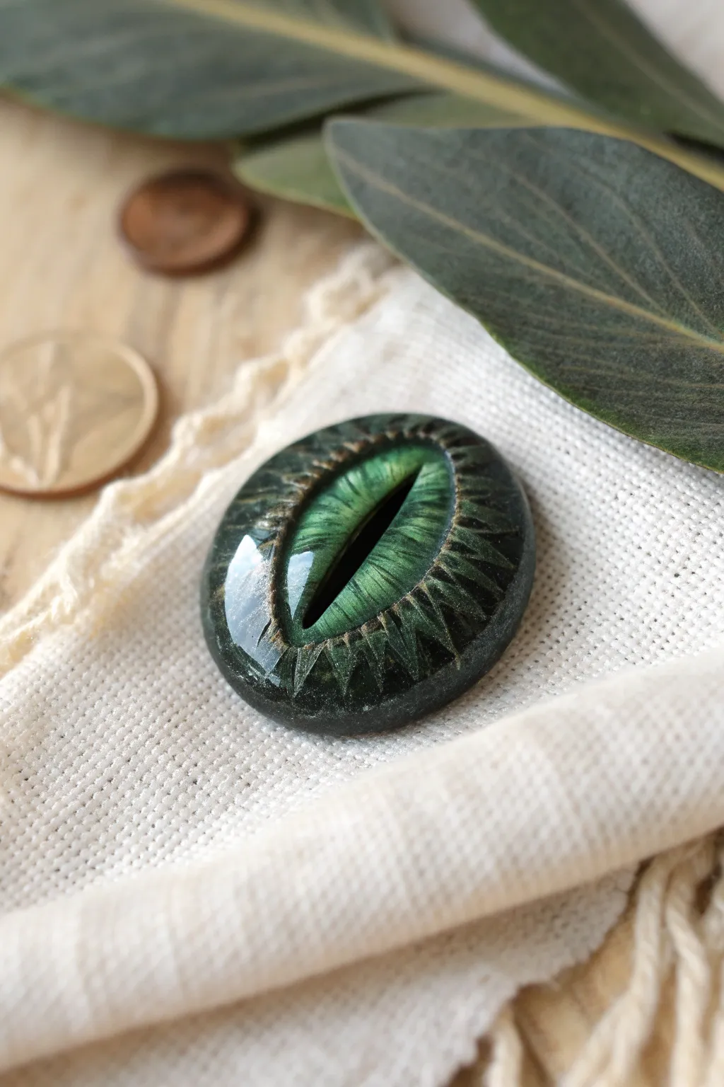 Moody clay dragon eye with a sharp slit pupil and a heavy upper lid, simple and striking