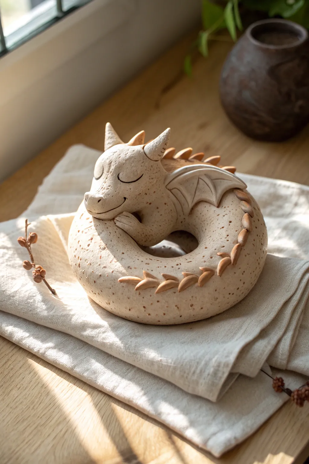 Curled sleeping clay dragon, cozy and calm with soft scales in a minimalist Scandinavian setting