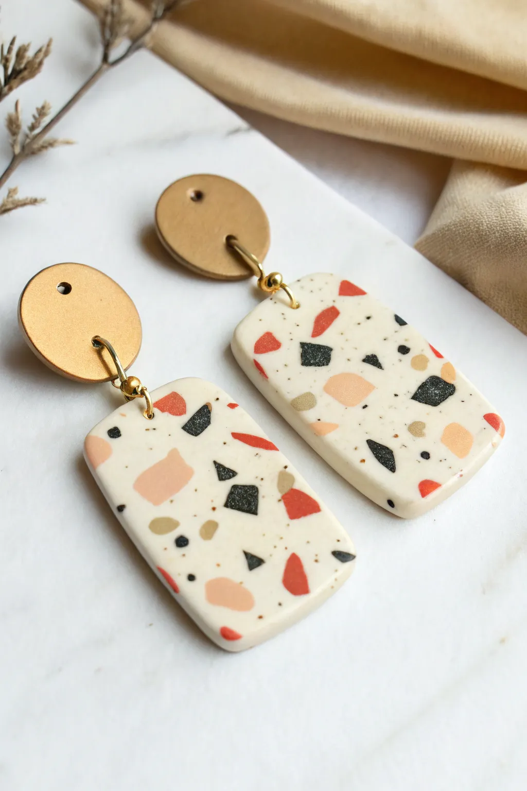 Minimal terrazzo speckle slab clay earrings in a clean flat lay, perfect Pinterest inspiration.