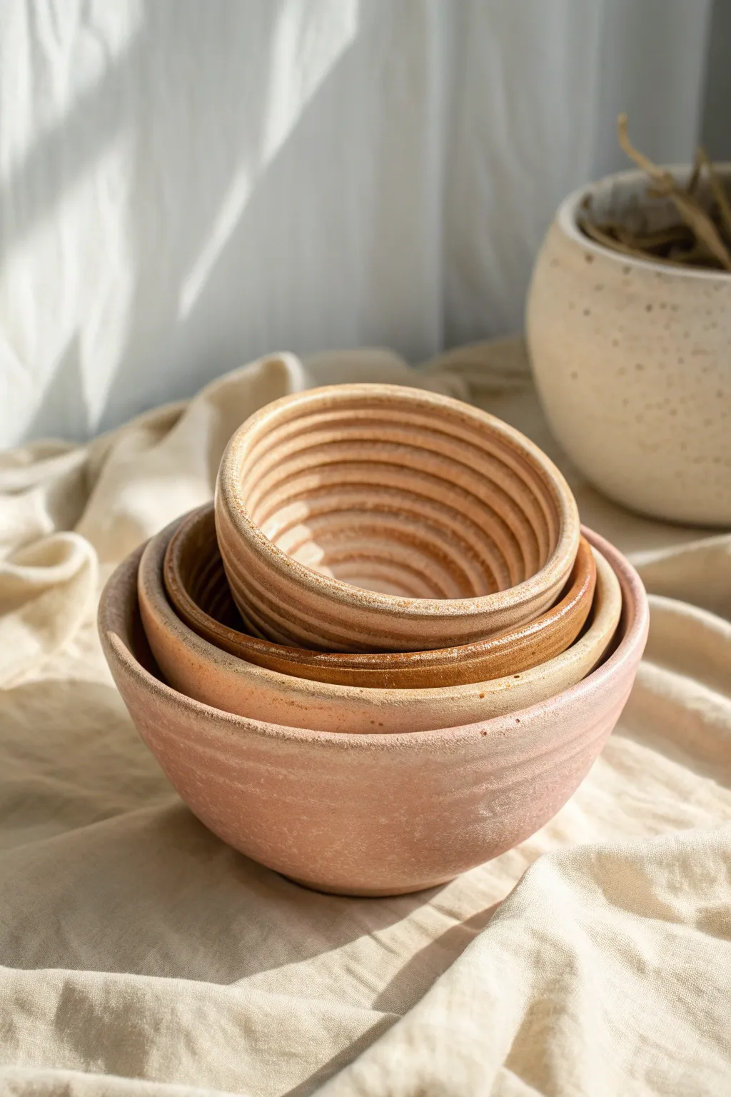 Mini coil bowl set in soft sand tones, handcrafted texture, calm Scandinavian styling.