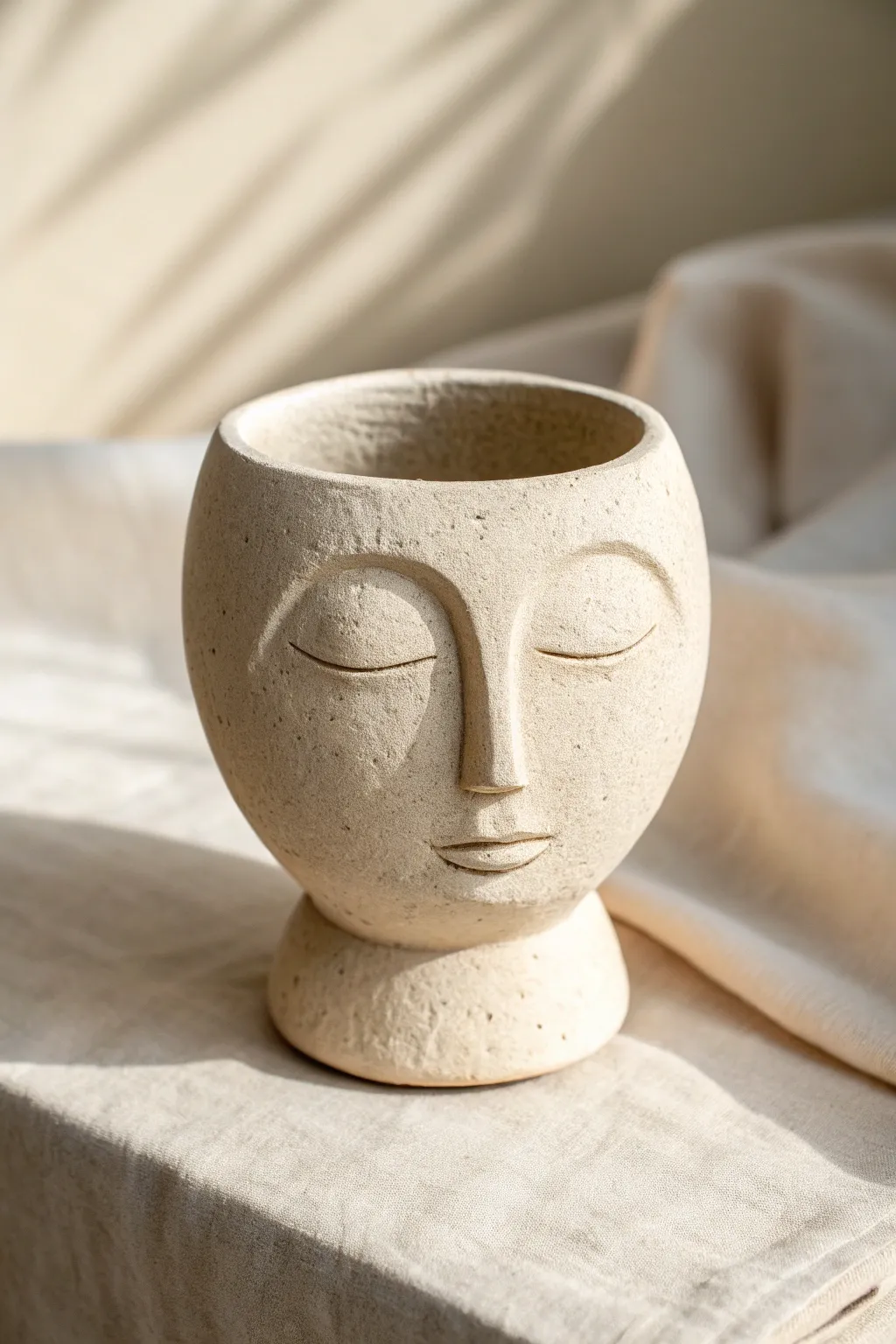 A sweet pinch-pot face head with soft shadows and minimalist, handmade charm