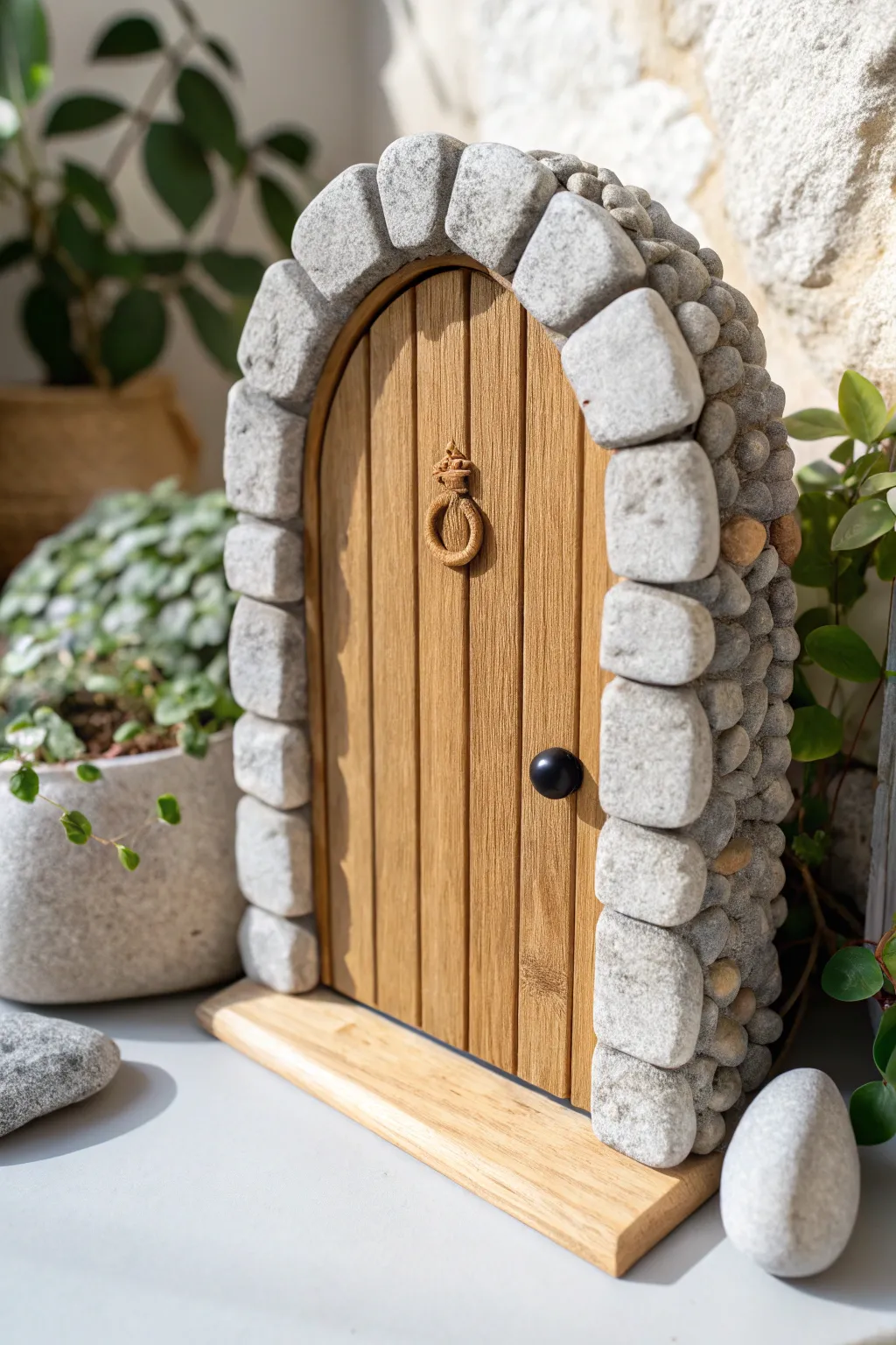 Chunky pebble-stone arch framing a simple wood-plank fairy door, calm Nordic-boho charm.