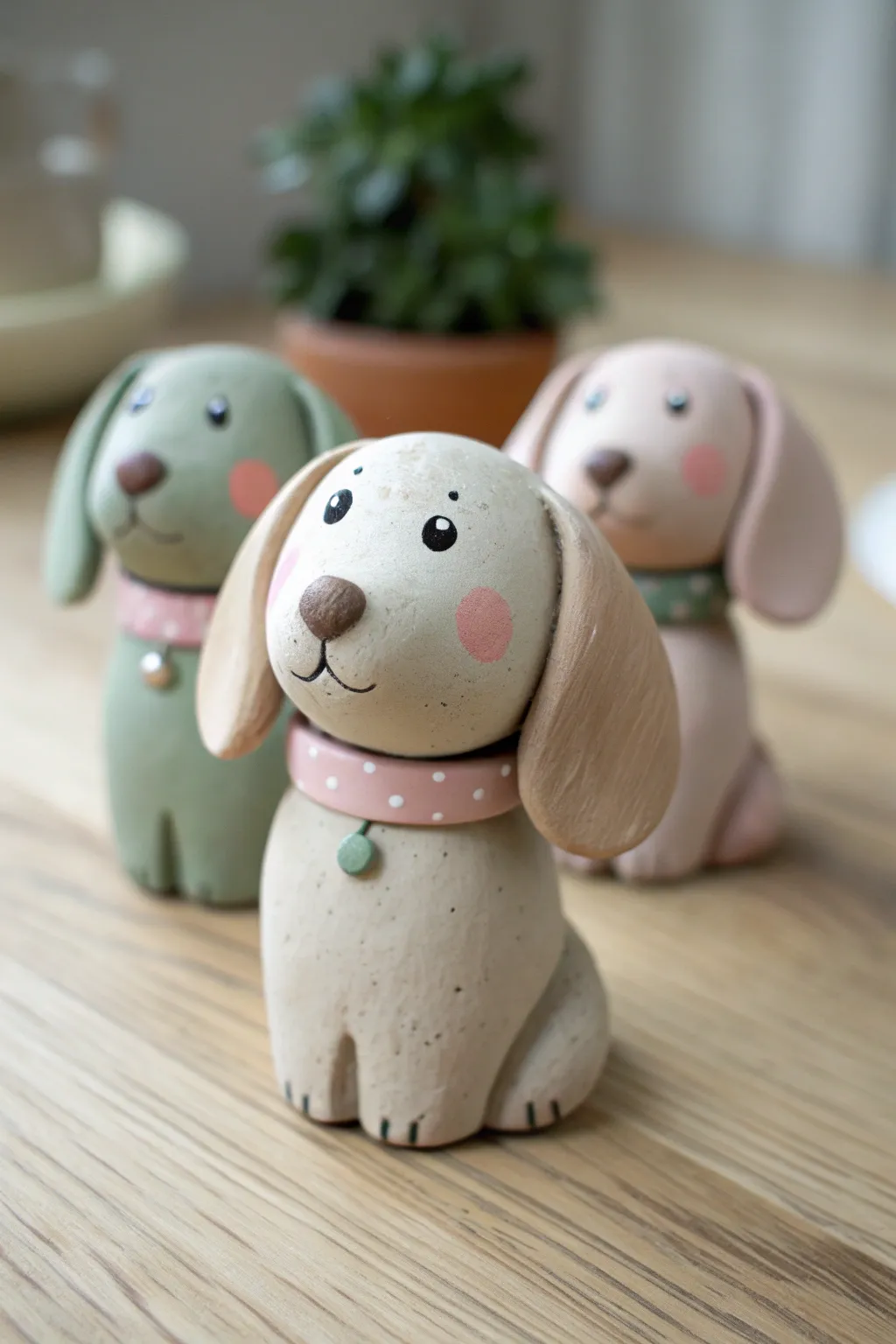Chunky puppy clay figures with floppy ears and pastel collars, minimalist, sweet, and handmade.