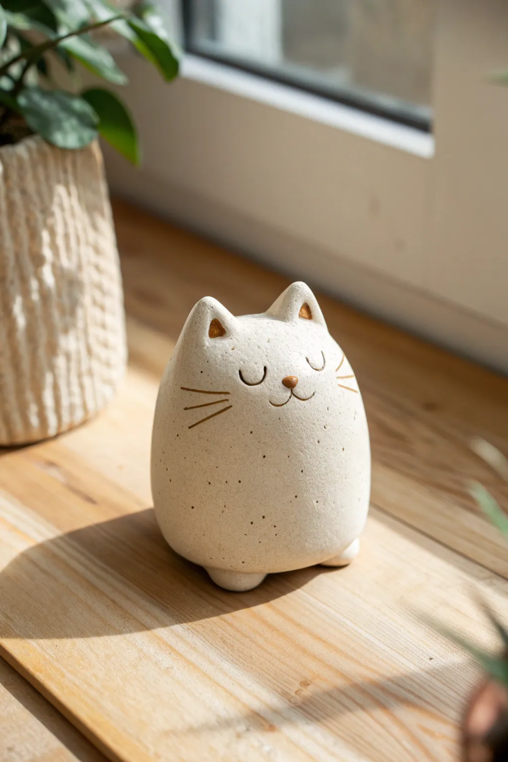 Round clay kitty with dot eyes and tiny paws, a sweet beginner-friendly figure for your shelf
