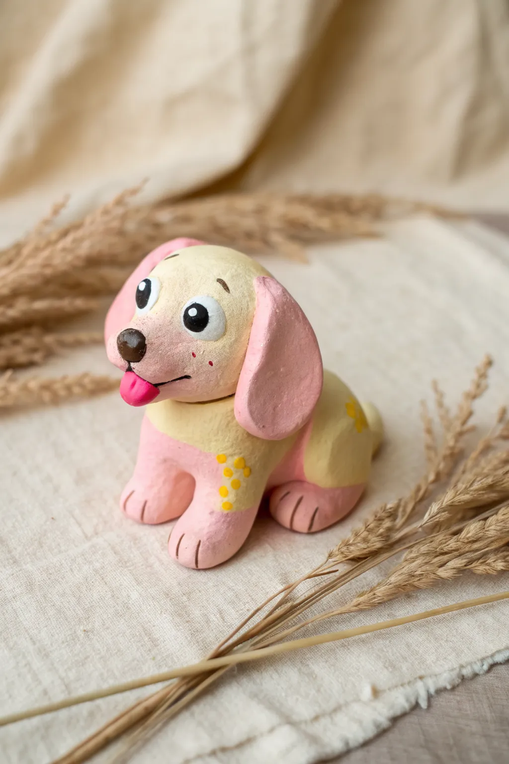 Sweet floppy-eared clay puppy figure in bright pastels, simple shapes, and cozy minimal styling