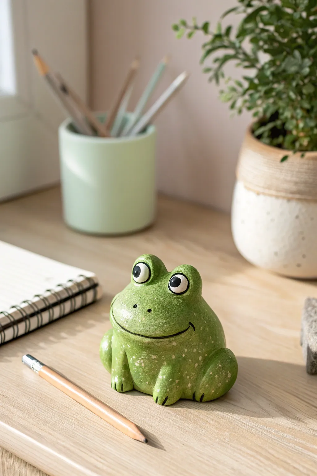 Cute big eyed frog desk buddy figurine in fresh green clay, minimal Scandinavian styling.