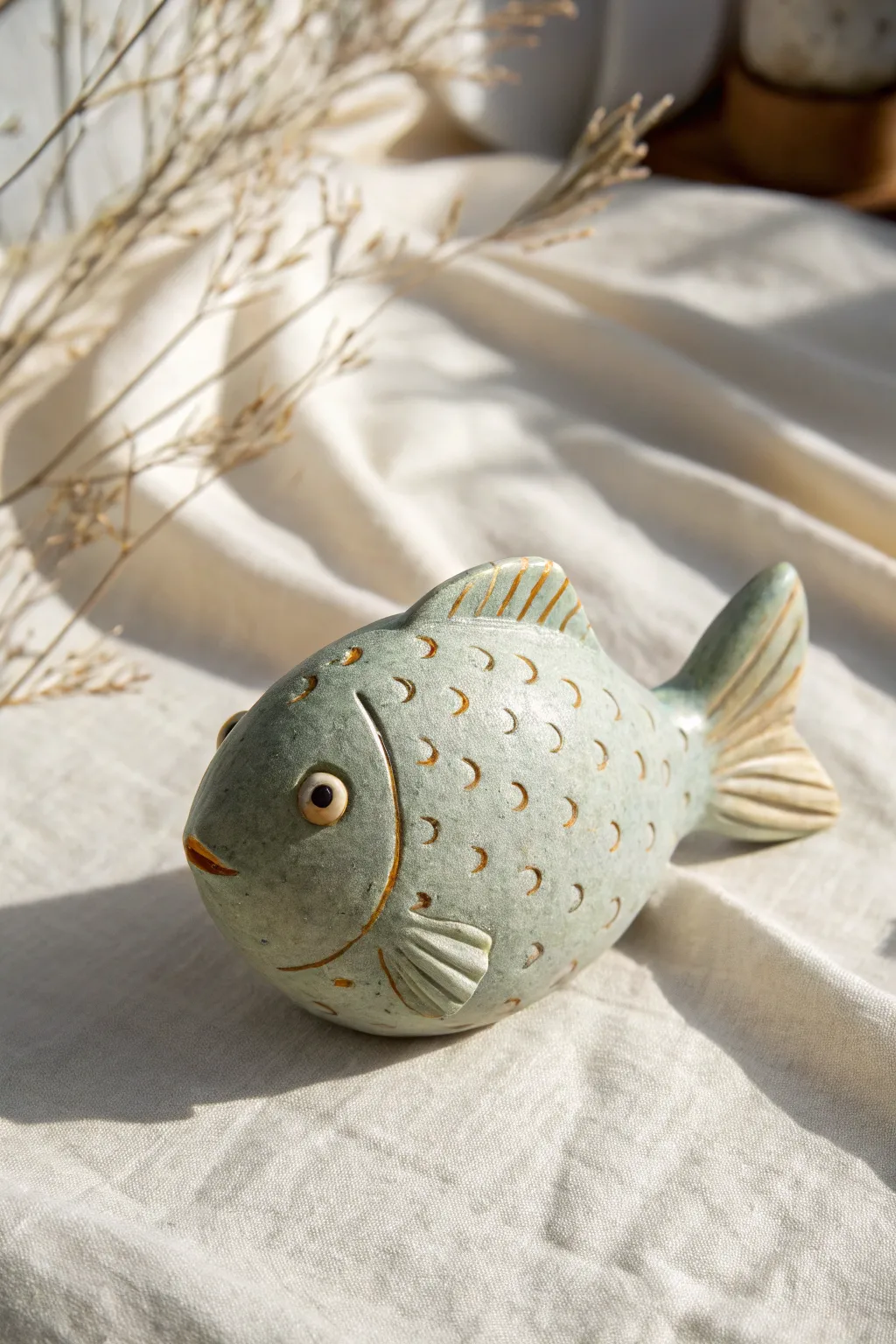 Simple chubby clay fish with contrasting belly, minimalist Scandinavian styling for easy DIY charm.