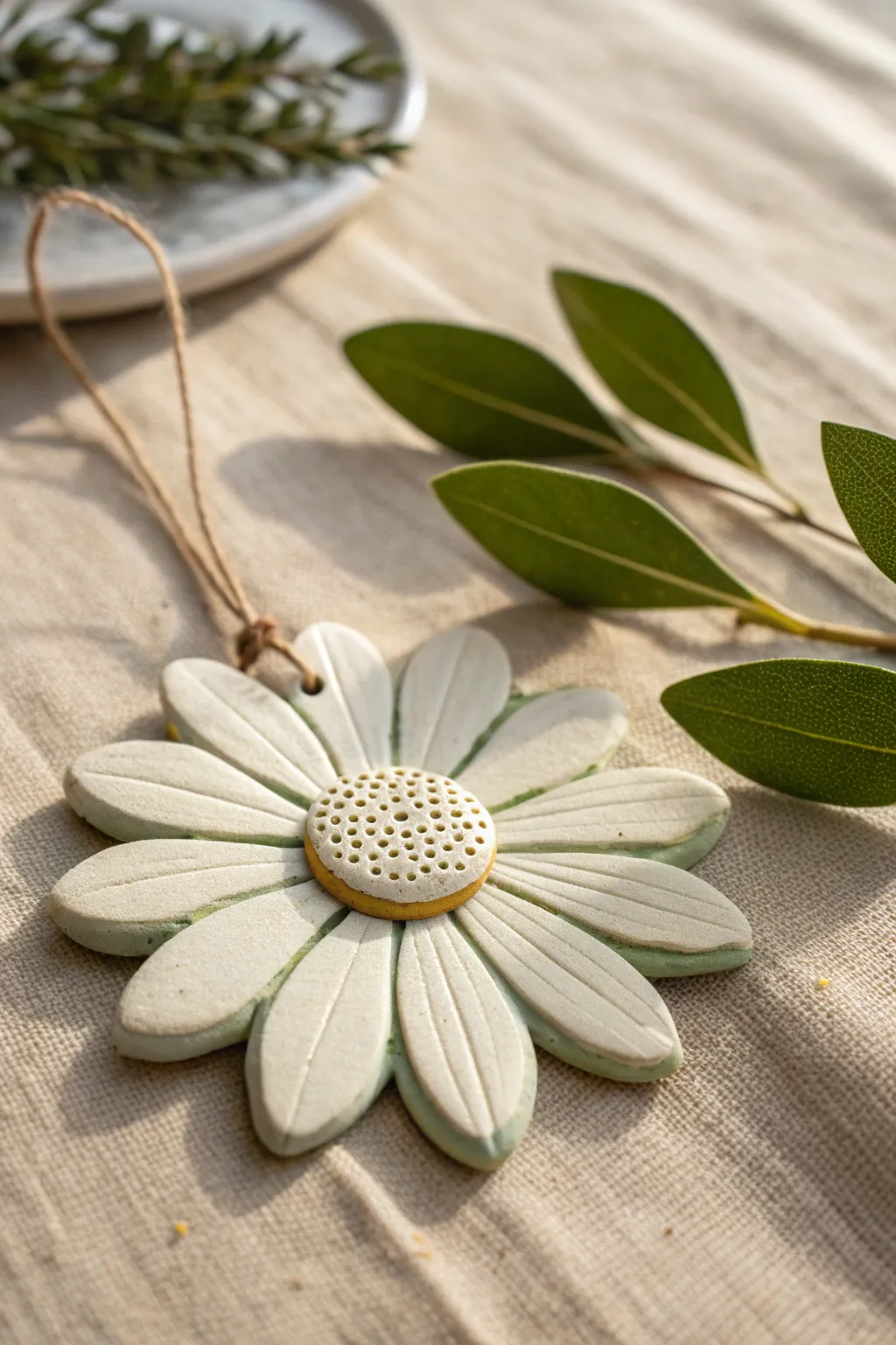 Minimal clay daisy with dotted center and soft green leaves, styled on a clean neutral backdrop.
