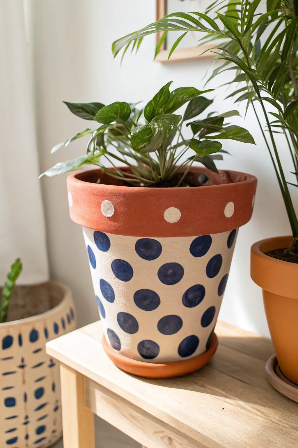 Bold polka dot terracotta pot adds playful charm to a minimalist corner with lush greenery.