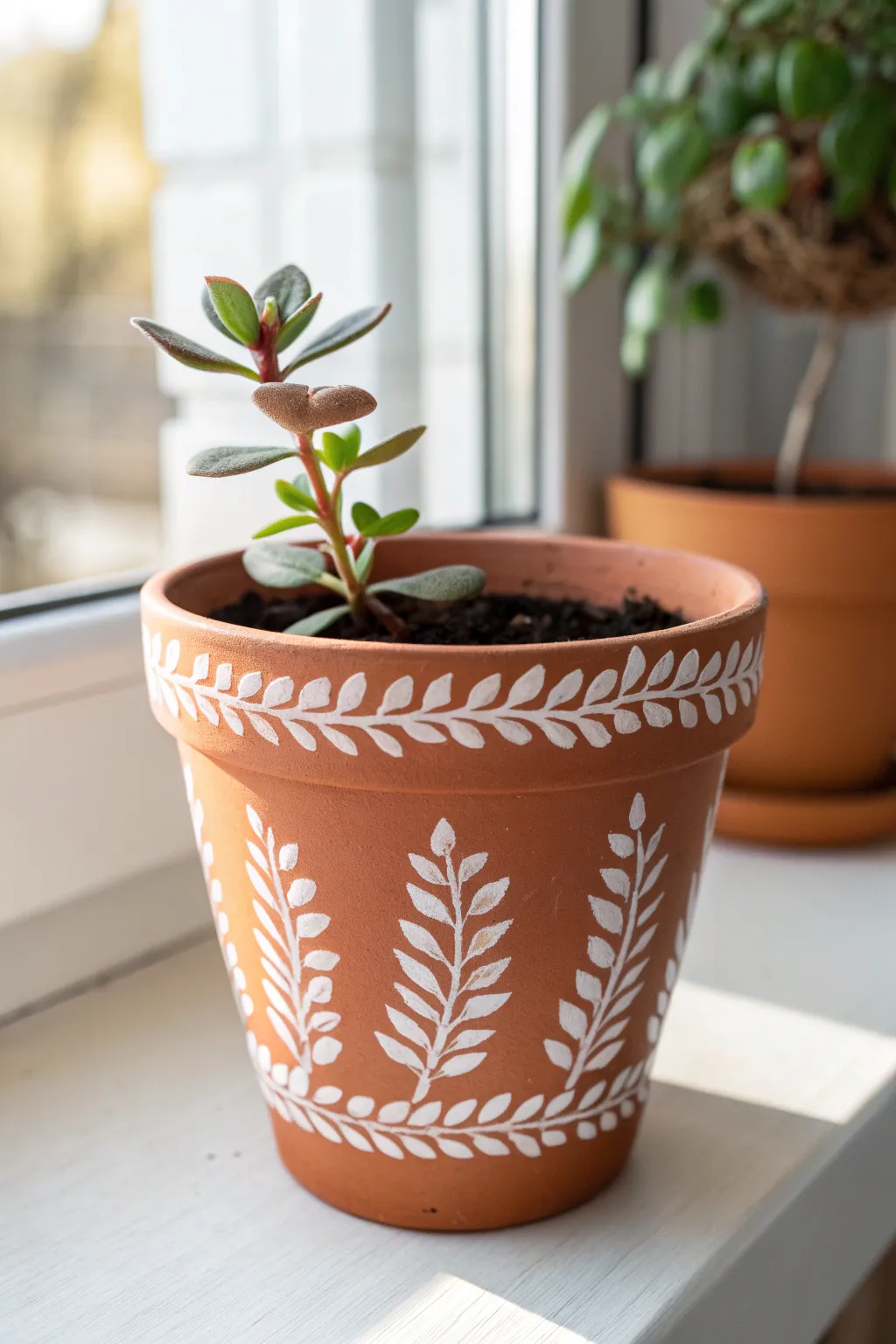Minimal terra cotta pot with white leafy stencils, styled on a sunlit windowsill.