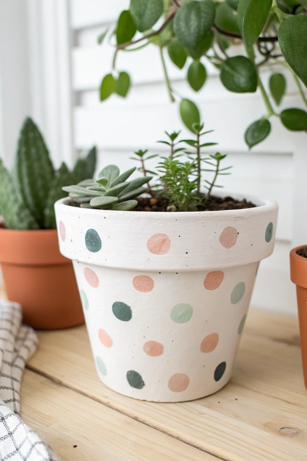 Easy polka dots and confetti spots on a terra cotta pot for a fresh minimalist look