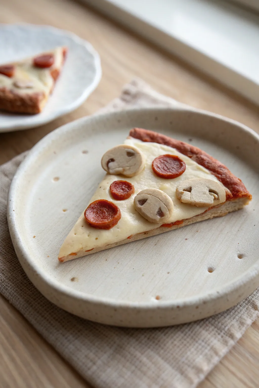 Mini clay pizza slice with stretchy cheese and simple toppings, styled in soft Nordic boho light.