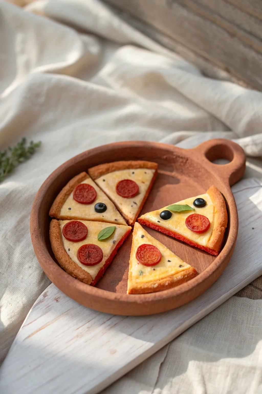 Mini clay pizza slice party on a tiny tray, bright toppings and cozy minimalist styling