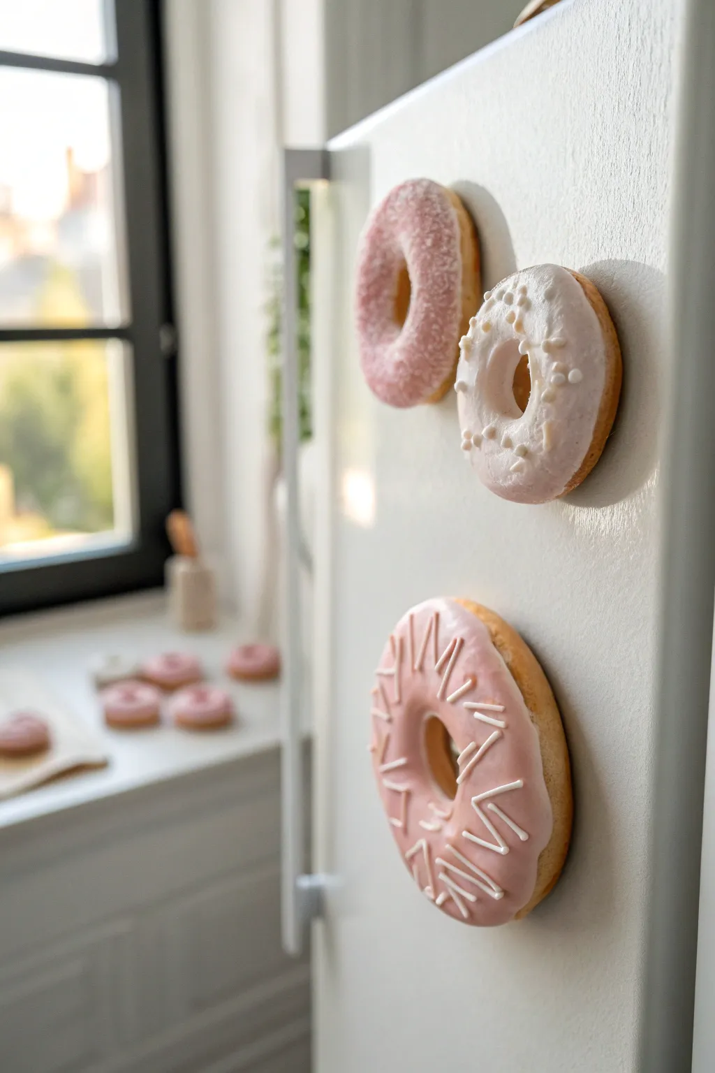 Pastel frosted donut ring magnets add a sweet, minimalist pop to your fridge decor.