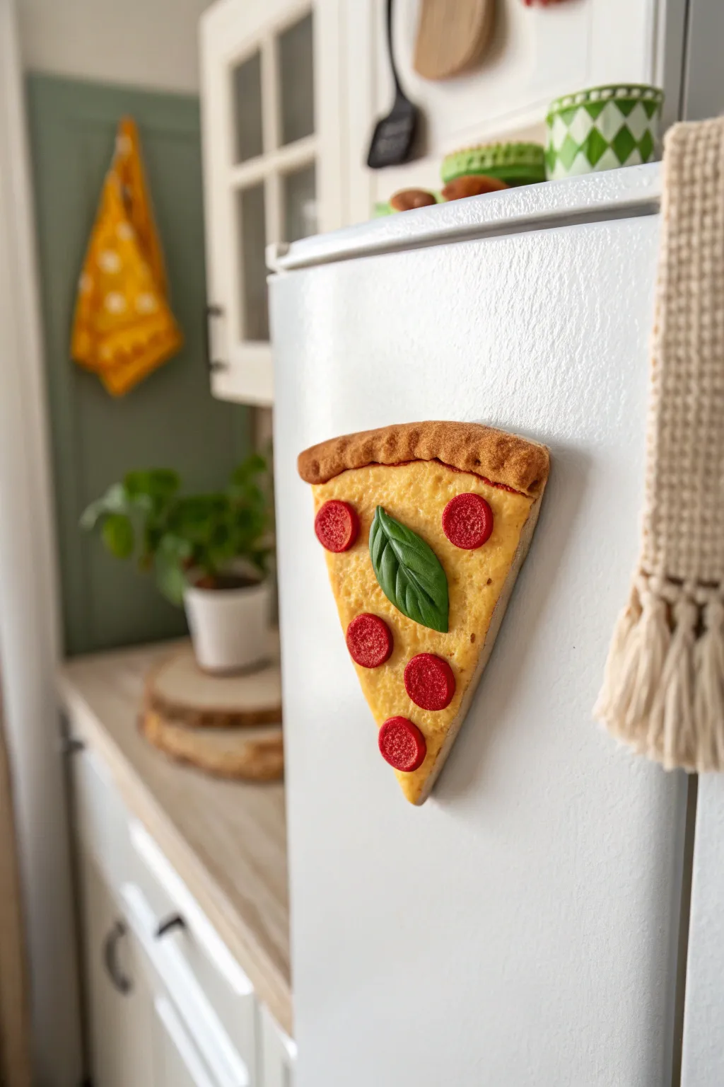 Bold pizza-slice clay fridge magnet with melty cheese and simple toppings, perfect DIY decor.