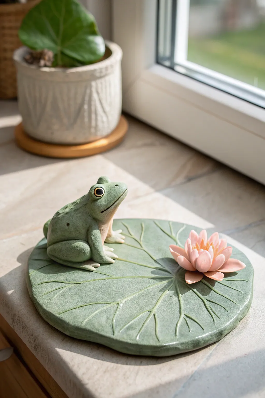 Sweet clay frog on a lily pad base with carved veins and a tiny flower, calm pond vibes