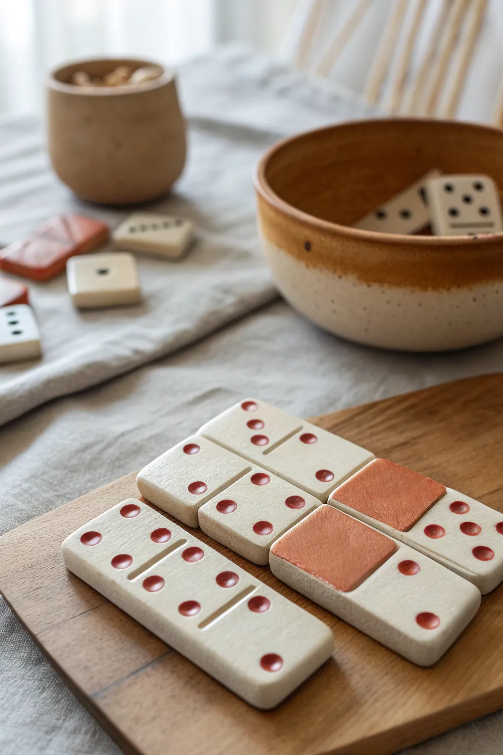 Textured clay dominoes in soft neutrals, minimalist play with a handmade Scandinavian-boho feel.