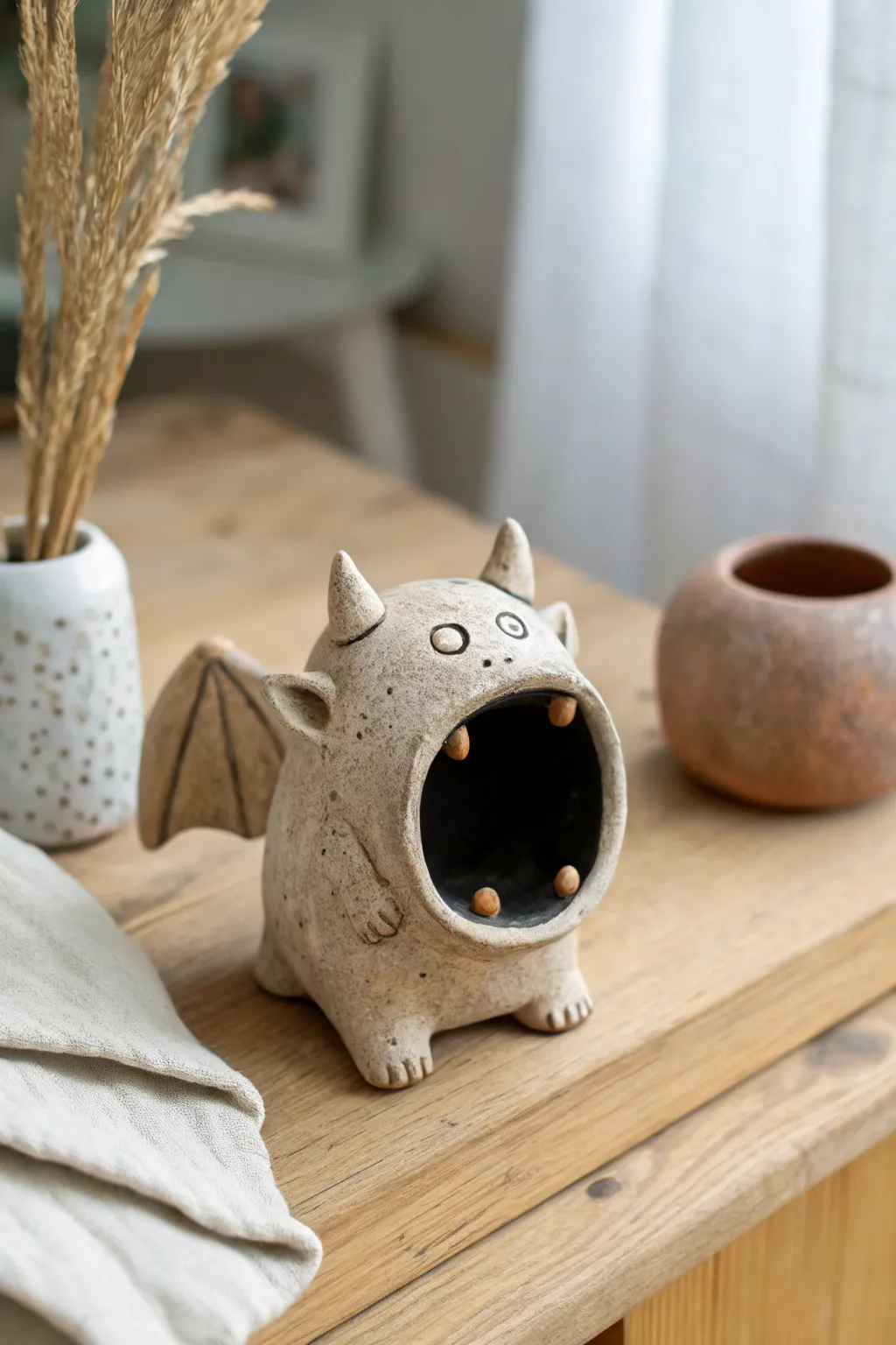 A tiny clay gargoyle with a bold open-mouth howl, simple teeth, and cozy Scandinavian desk styling.