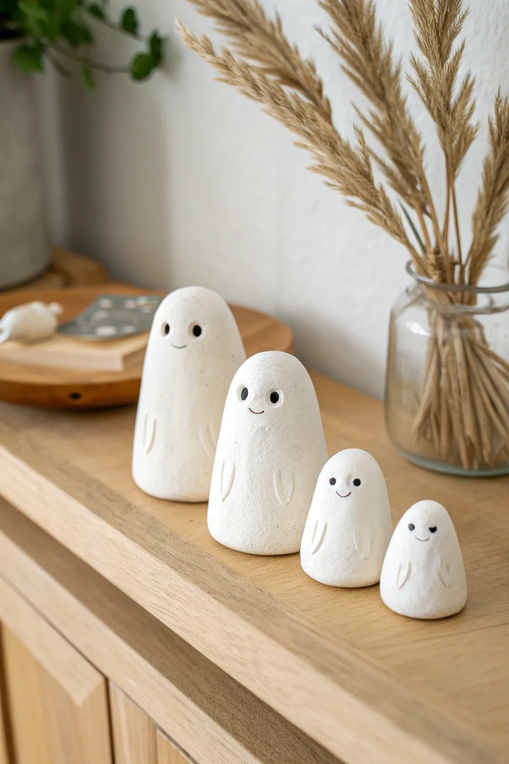 Mini clay ghost family on a light wood shelf, cozy minimalist charm with soft contrast