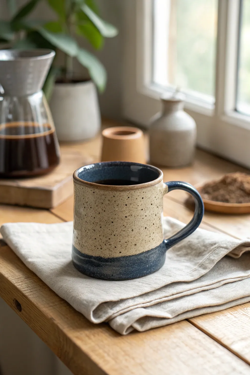Rustic handmade navy speckled clay mug with thick handle, cozy minimalist coffee corner.