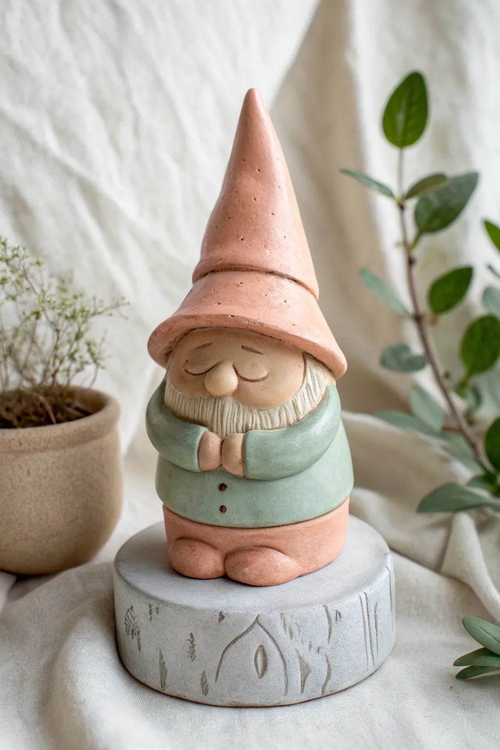 Chubby clay gnome with a low wide-brim hat, split earthy and pastel tones for easy inspo.