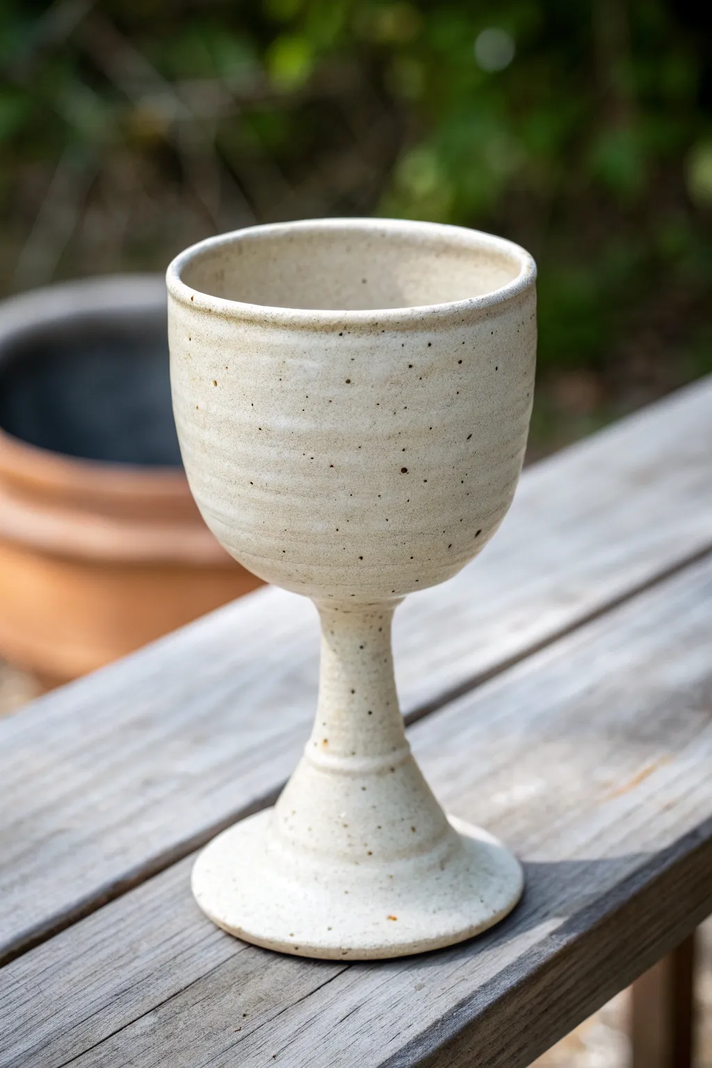 Minimal clay goblet with a clean cup-and-stem seam, showcasing an elegant two-part build