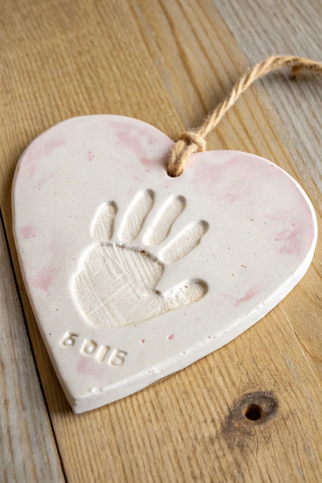 Sweet heart handprint plaque in blush clay, a minimalist keepsake that celebrates tiny hands.