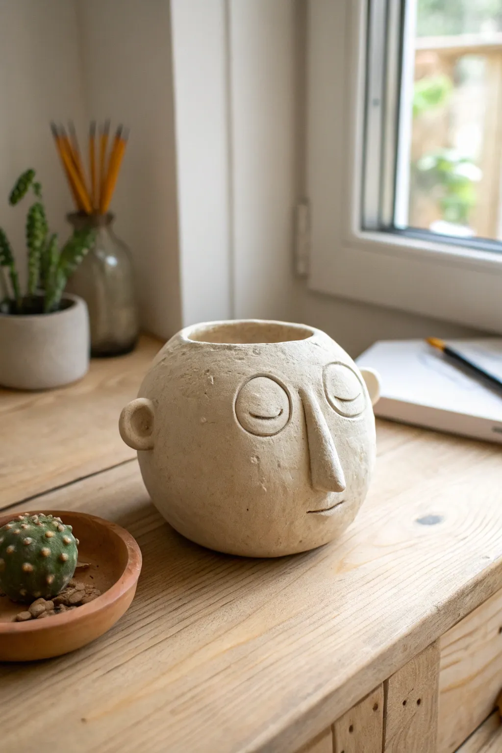 Beginner friendly pinch pot clay head with simple nose and ears, styled in calm Nordic tones.