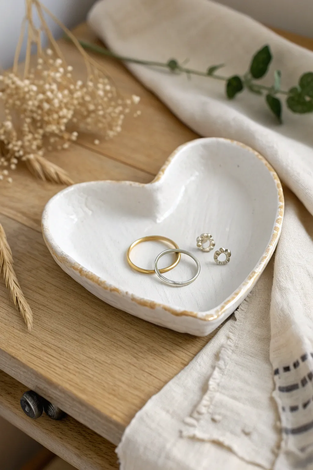 Simple heart trinket dish in matte glaze, perfect for rings and tiny keepsakes on a nightstand