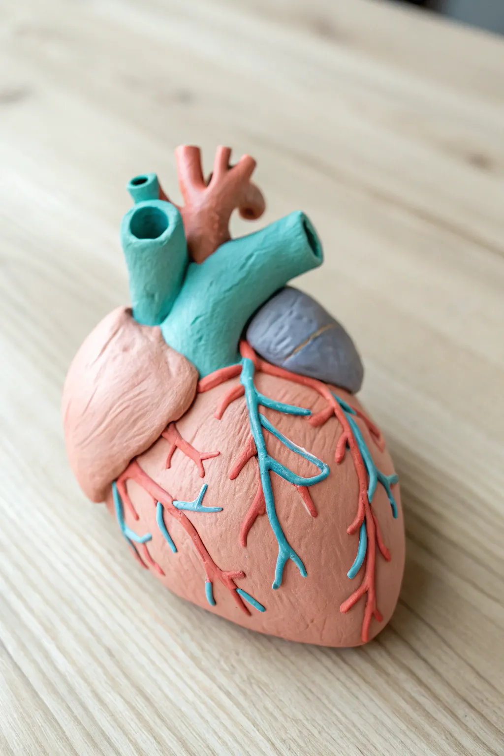 Chunky clay heart with big pastel vessels, a kid-friendly anatomy project with Scandinavian calm.