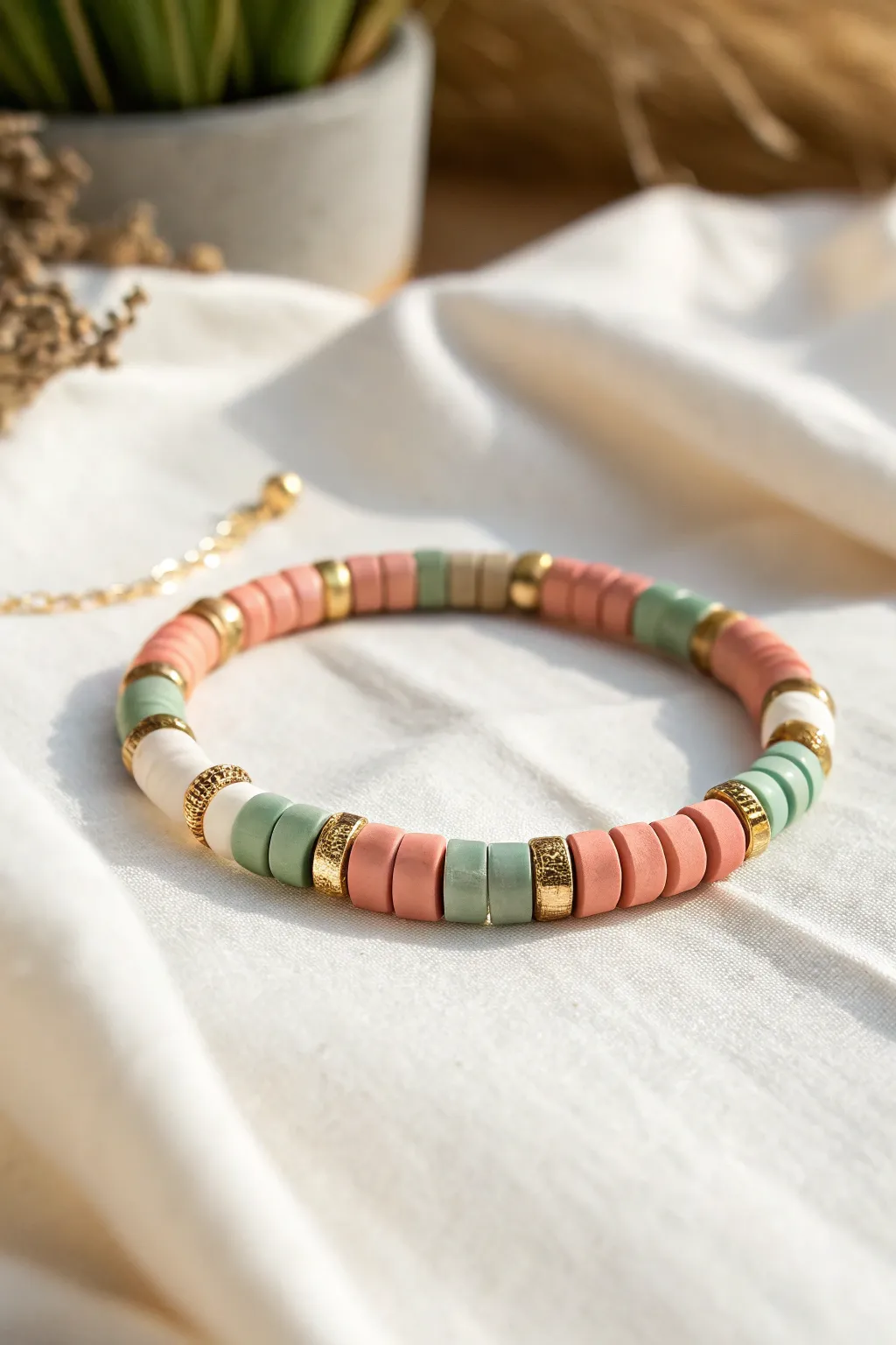 Clean color-blocked clay heishi bracelet with simple metallic spacers for a modern boho look