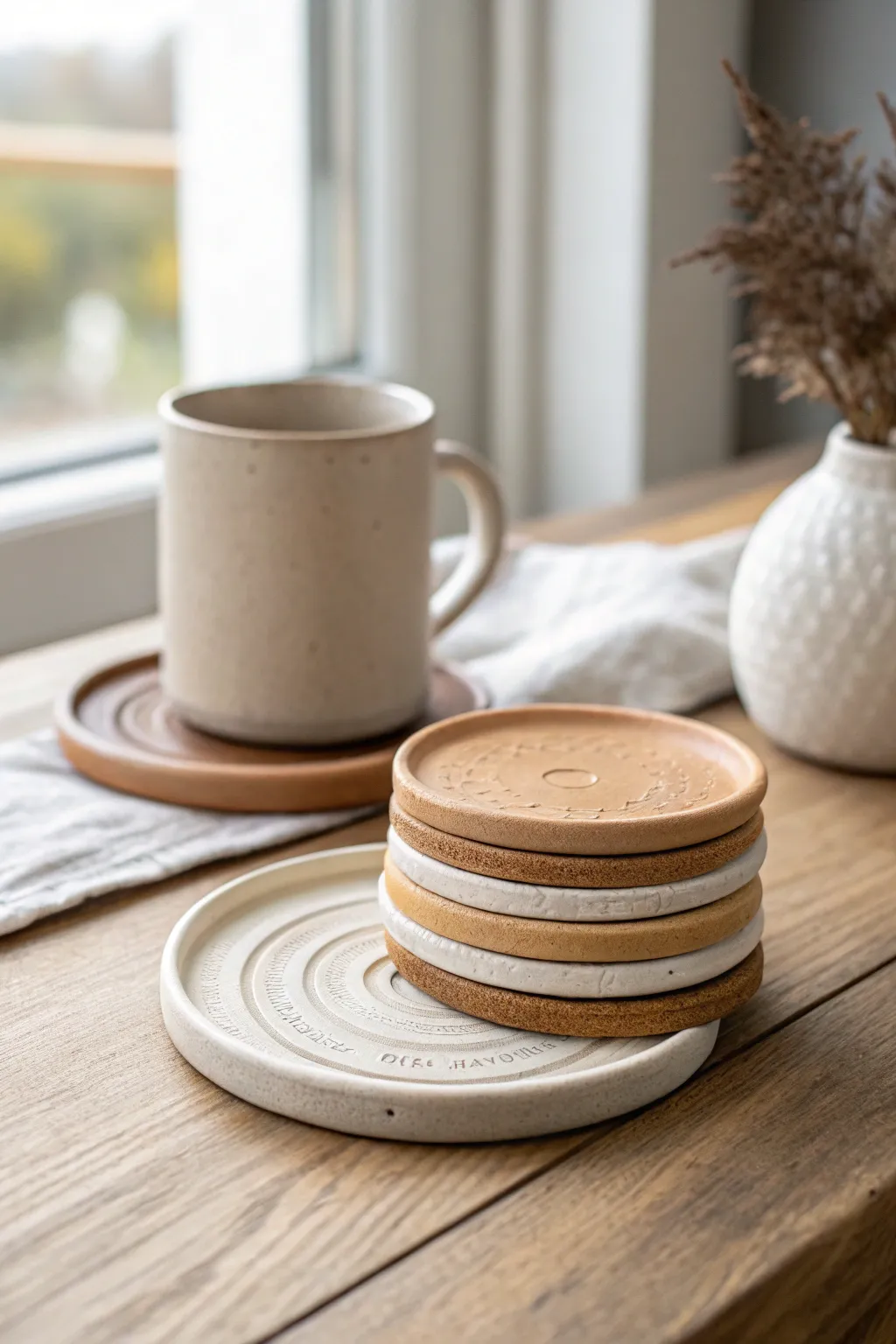 Minimal textured clay coasters in soft neutrals for an easy handmade coffee table upgrade.