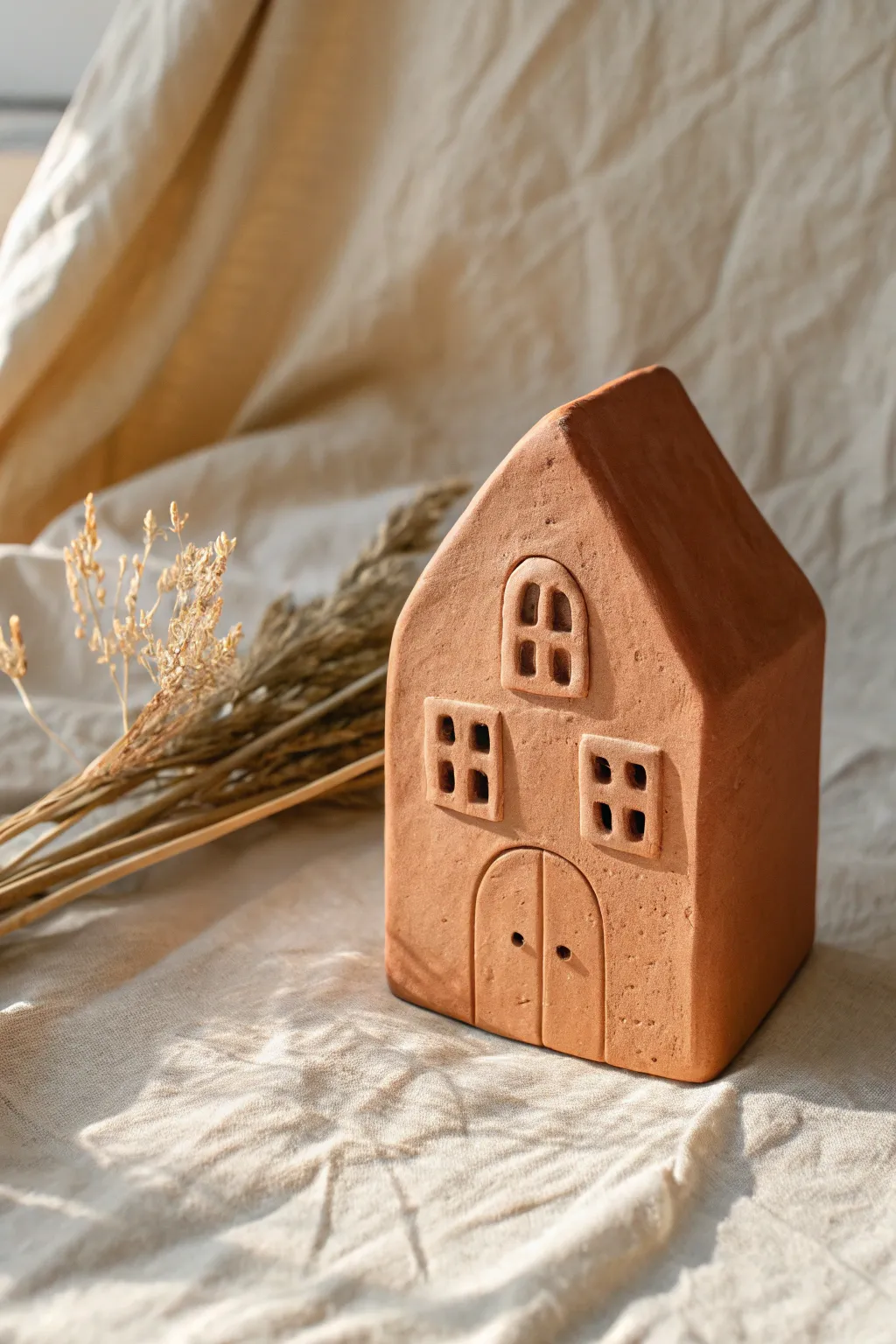 Simple clay cottage with cutout door and windows, softly lit in a calm Scandinavian style