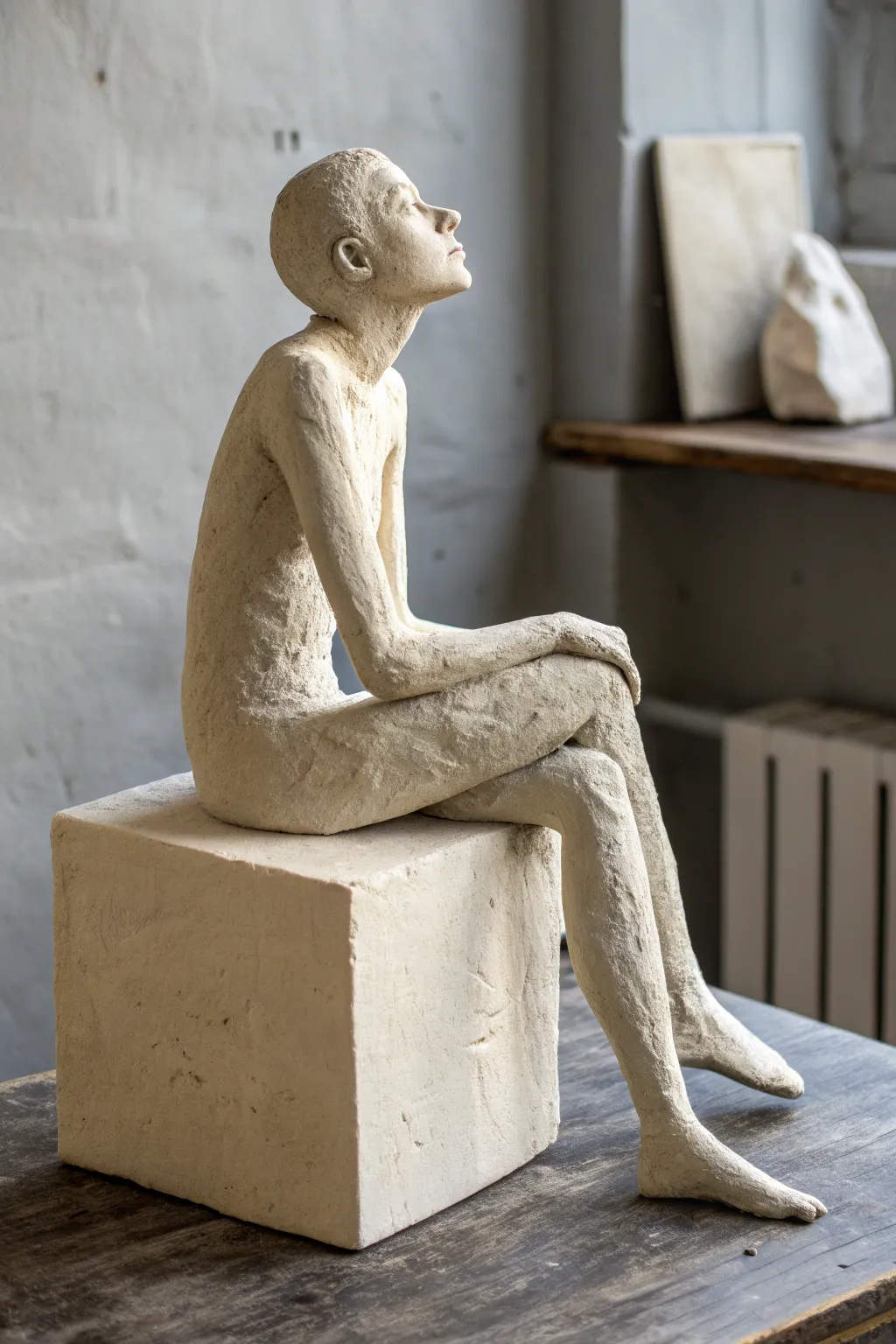 Minimal seated clay figure on a block base, smooth curves and cozy Scandinavian boho contrast.