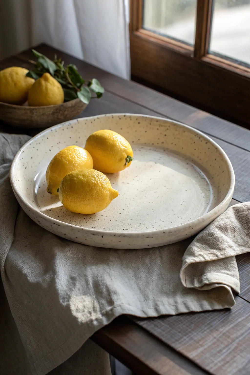 Oversized slab platter with soft lifted edges, styled with lemons and linen to show its generous size.