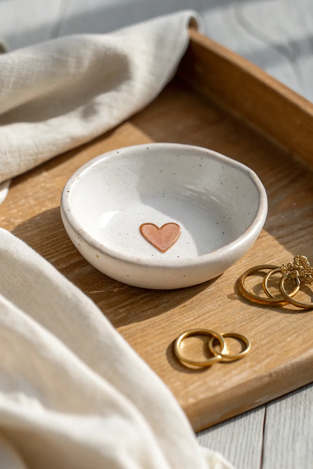 A sweet minimalist ring dish with a tiny sculpted heart, perfect for simple clay ideas.