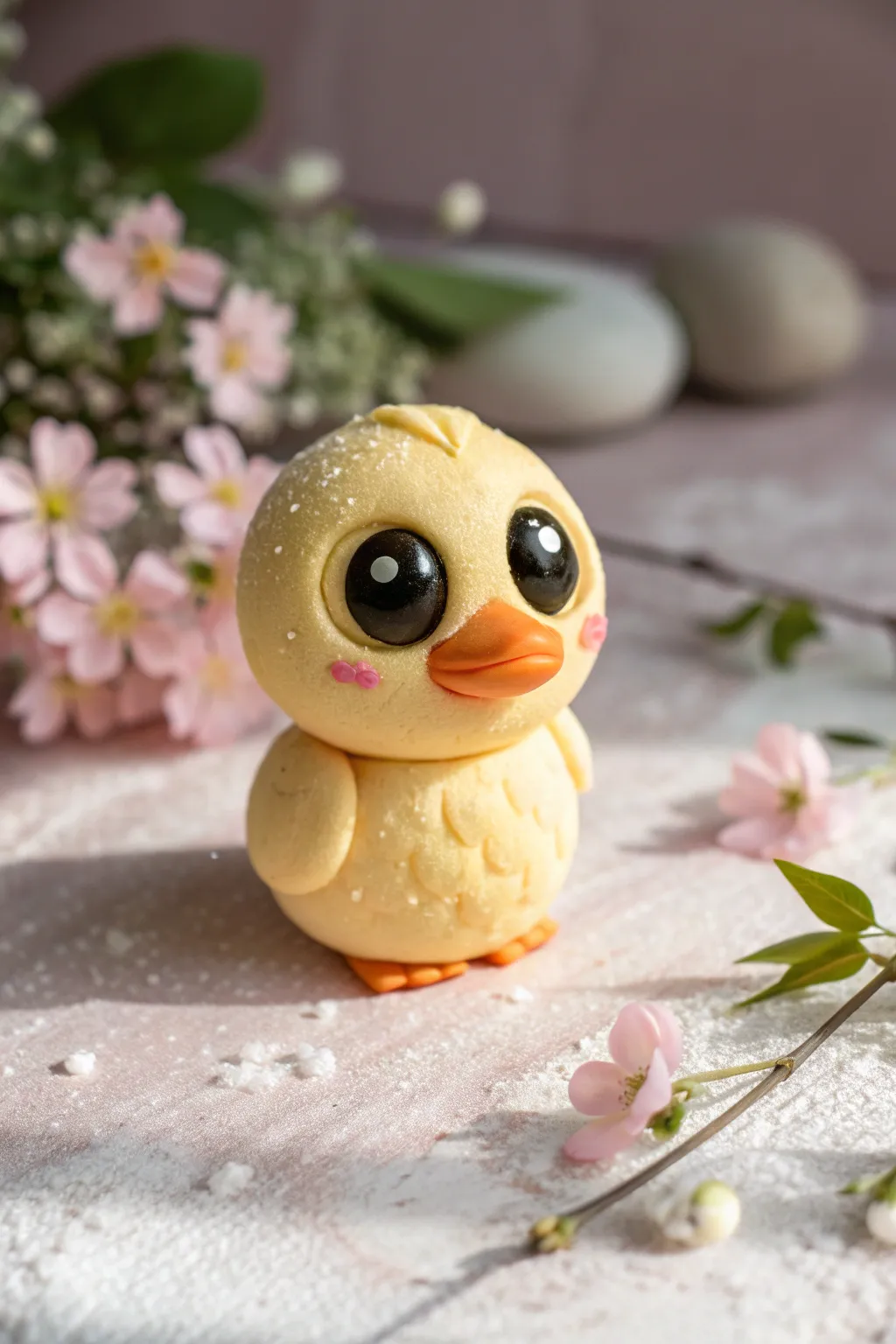 Kawaii clay duckling with big glossy eyes, styled minimal on a pastel surface for cozy boho calm.