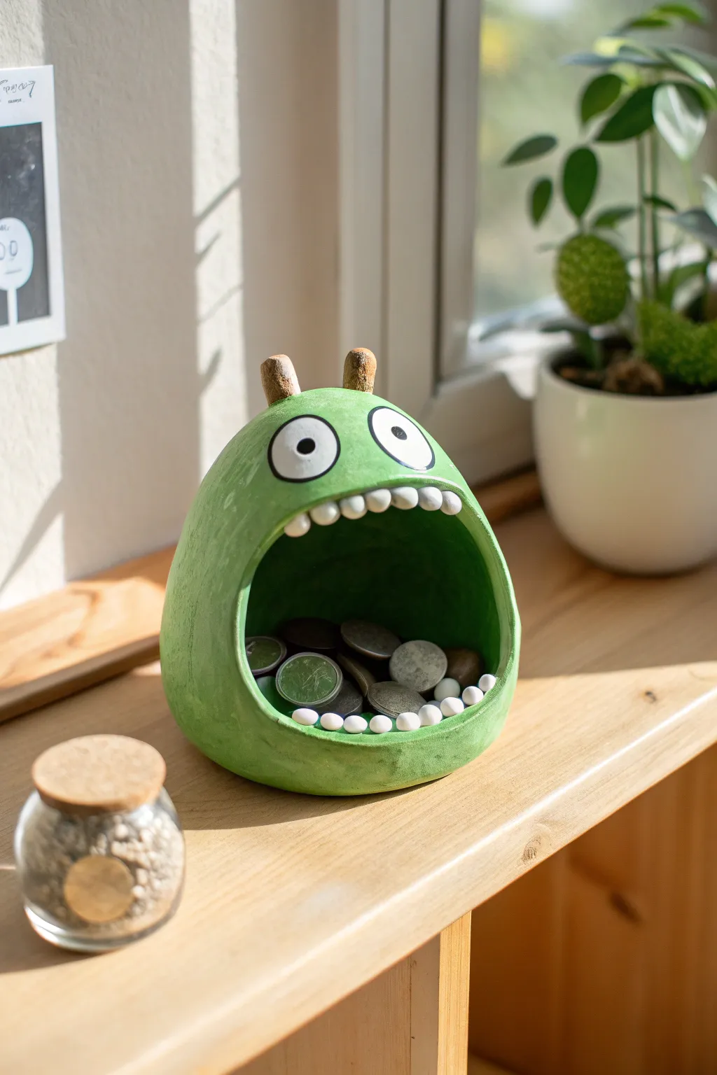 Bright green monster mouth pinch pot, perfect for boys, keeps marbles and coins tidy