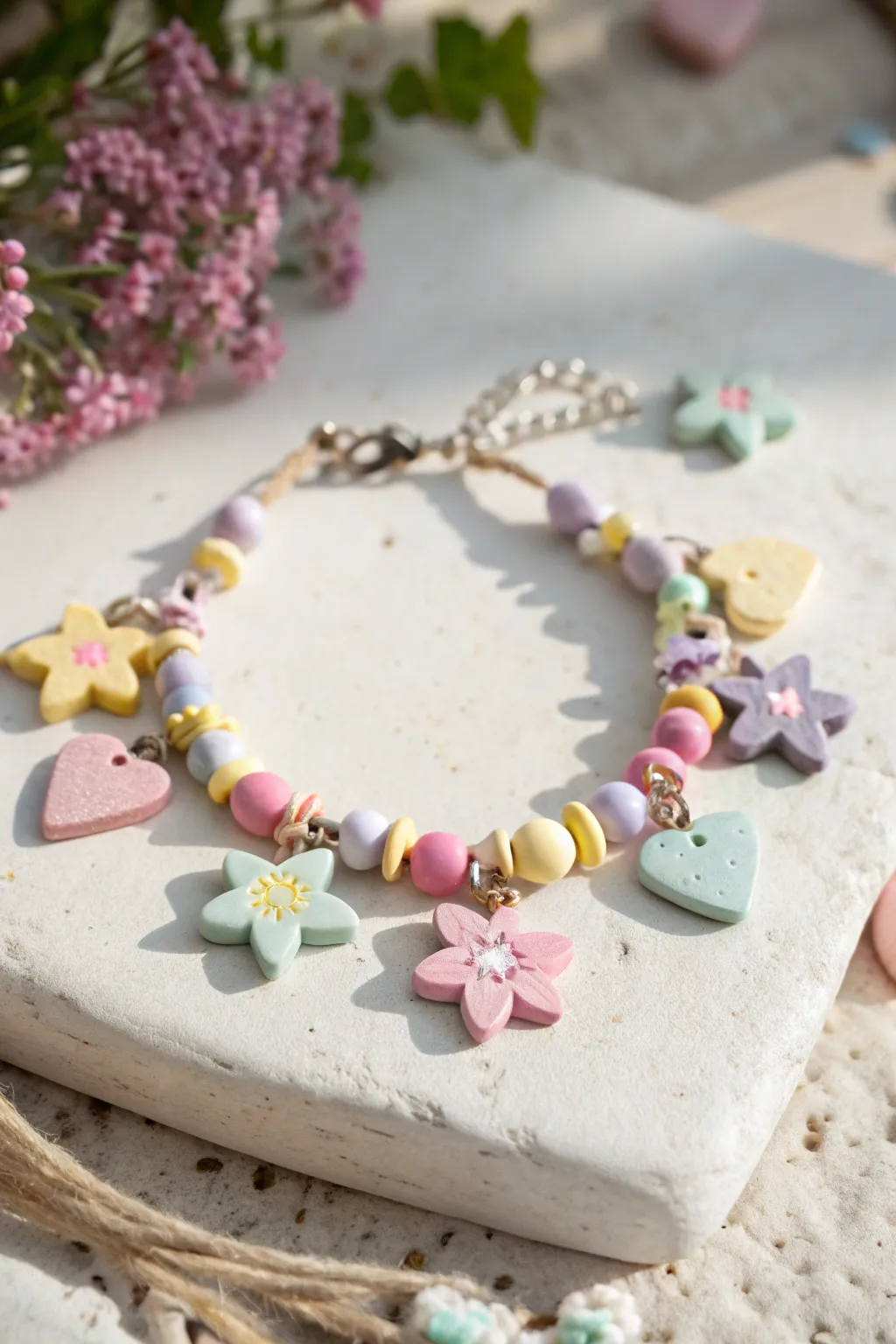 Cute pastel clay charm bracelet with stars, hearts, and flowers for an easy DIY girls project.