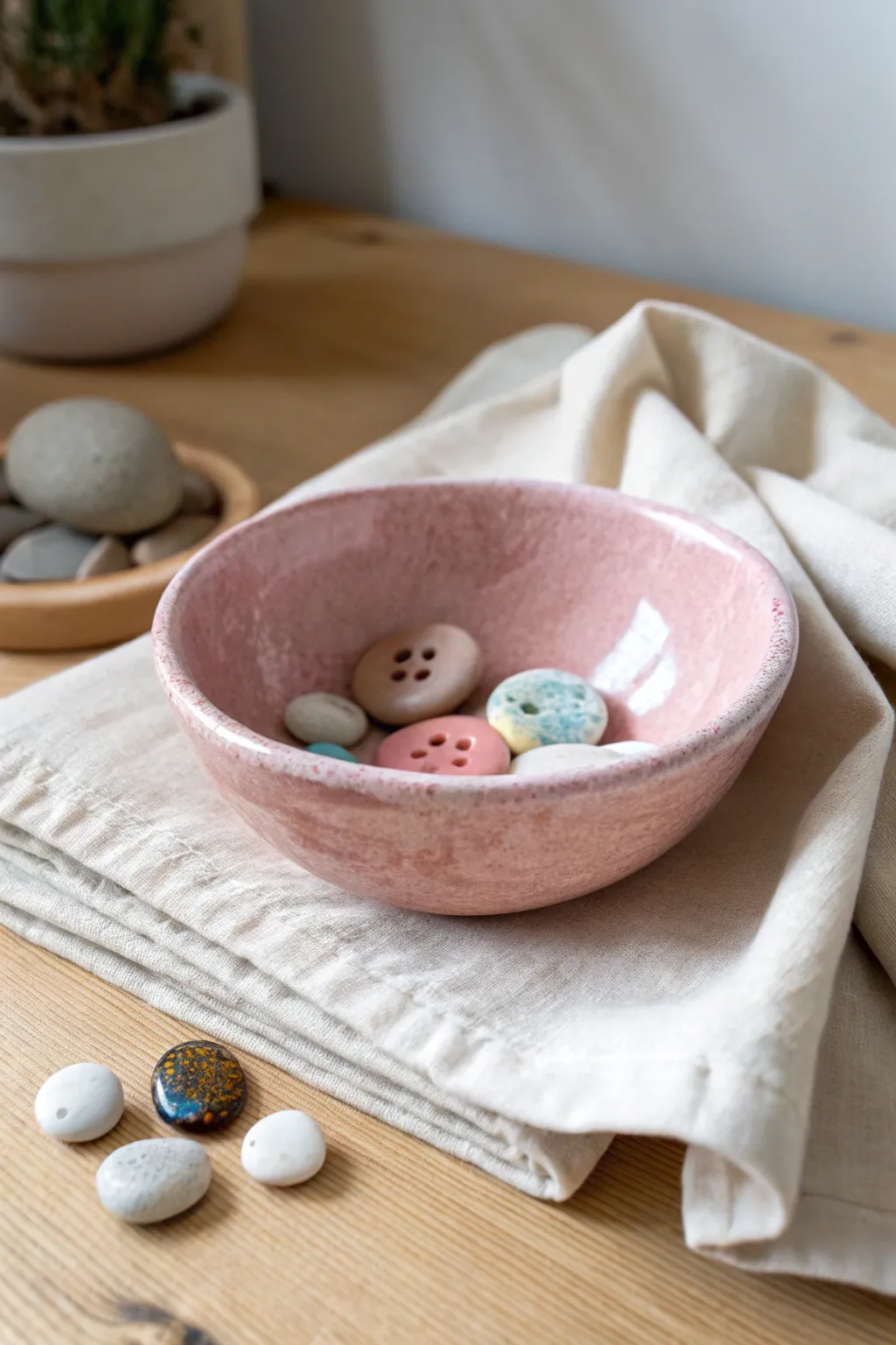 Classic pinch pot treasure bowl: kid-friendly color, simple shape, filled with tiny finds.