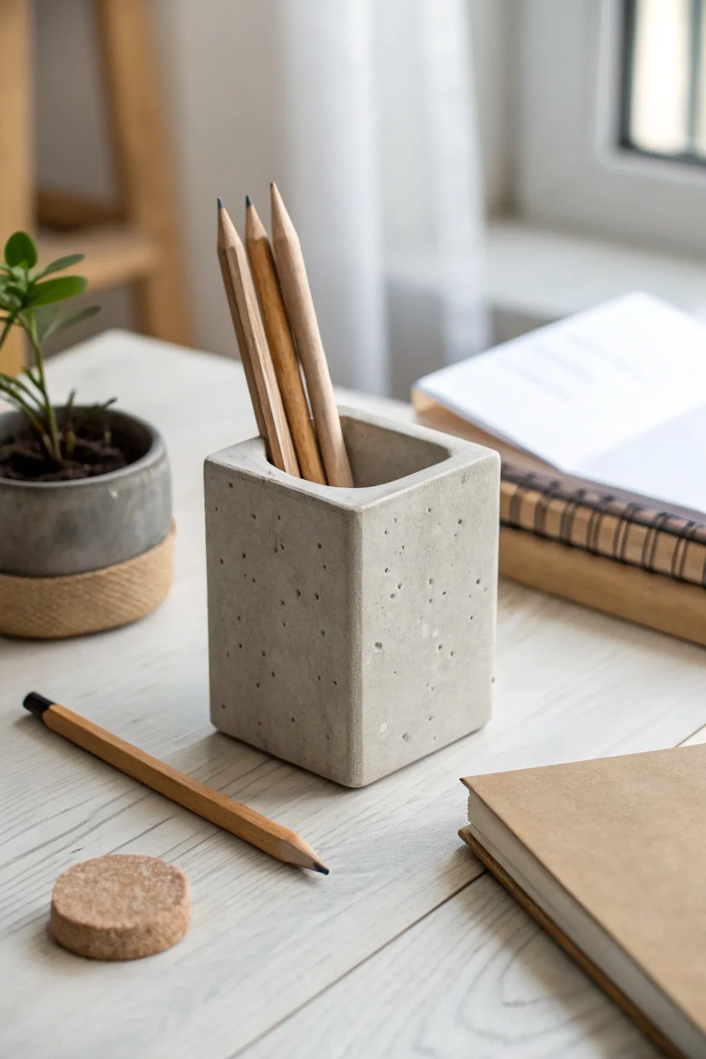 Minimal clay pen block with clean lines and earthy tones for a calm, masculine desk setup.