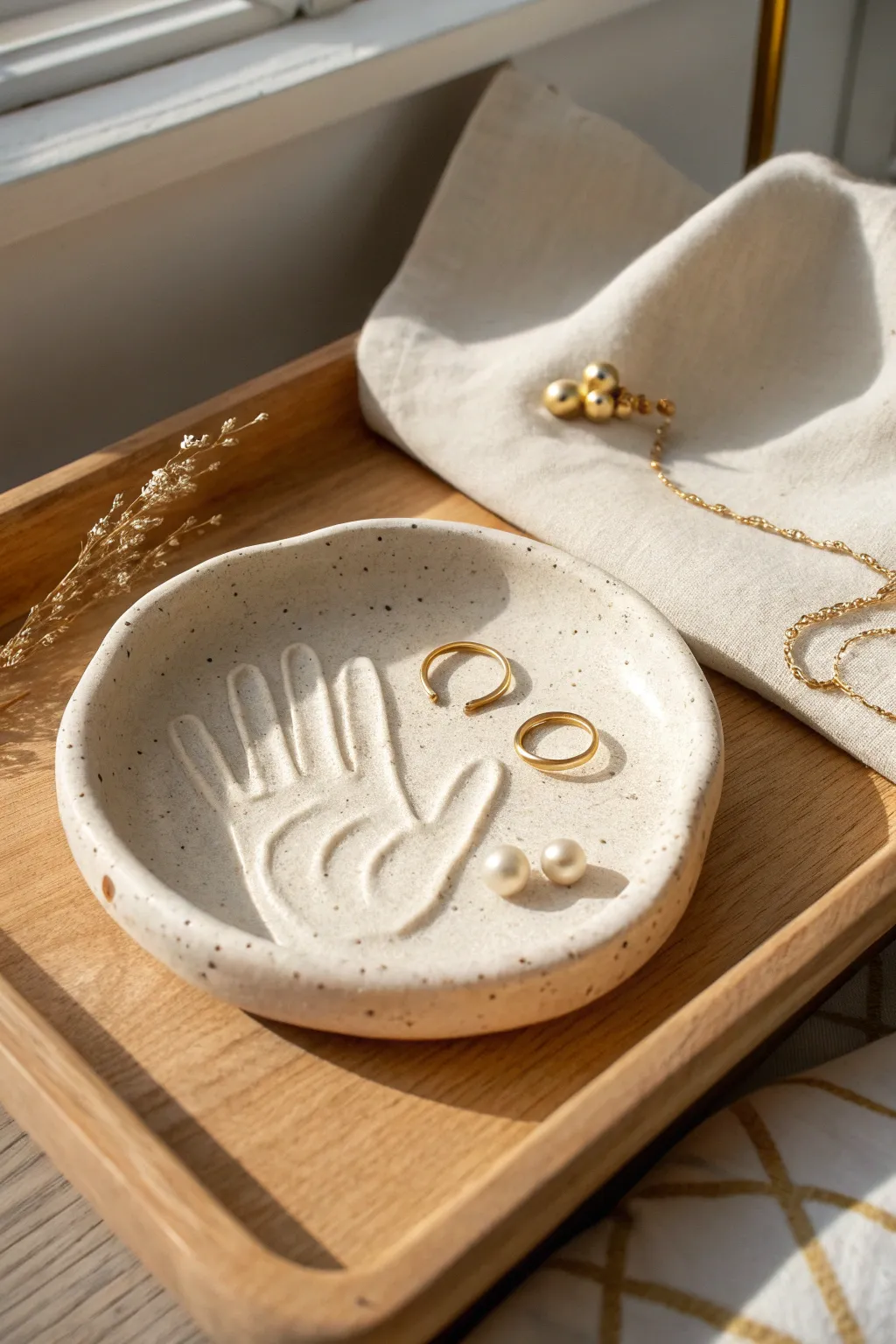 Handprint keepsake jewelry dish for Mom, minimal and warm with a touch of boho charm
