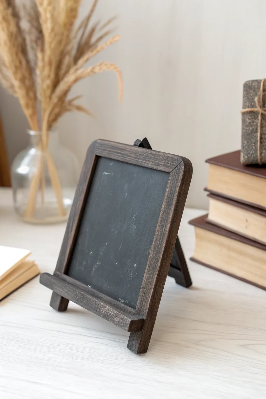 Mini clay chalkboard desk sign in dark stoneware, minimalist teacher gift with cozy boho vibe.